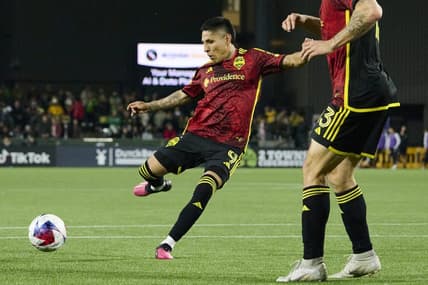 Apr 15, 2023; Portland, Oregon, USA;  Seattle Sounders forward Raul Ruidiaz (9) scores a goal during the second half against the Portland Timbers at Providence Park. Mandatory Credit: Troy Wayrynen-USA TODAY Sports