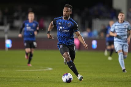 Apr 15, 2023; San Jose, California, USA; San Jose Earthquakes forward Jeremy Ebobisse (11) dribbles against Sporting Kansas City during the second half at PayPal Park. Mandatory Credit: Darren Yamashita-USA TODAY Sports