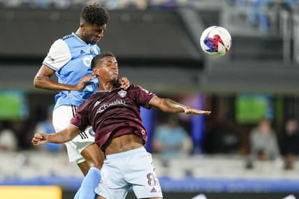 Apr 15, 2023; Charlotte, North Carolina, USA; Charlotte FC defender Adilson Malanda (29) gets the header over Colorado Rapids Max Alves (8) during the second half at Bank of America Stadium. Mandatory Credit: Jim Dedmon-USA TODAY Sports