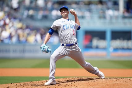 Apr 16, 2023; Los Angeles, California, USA; Chicago Cubs pitcher Drew Smyly (11) throws in the first inning against the Los Angeles Dodgers at Dodger Stadium. Mandatory Credit: Kirby Lee-USA TODAY Sports