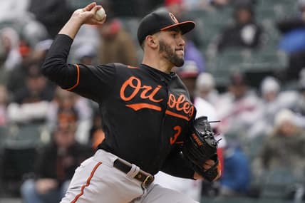 Apr 16, 2023; Chicago, Illinois, USA; Baltimore Orioles starting pitcher Grayson Rodriguez (30) throws the ball against the Chicago White Sox during the first inning at Guaranteed Rate Field. Mandatory Credit: David Banks-USA TODAY Sports