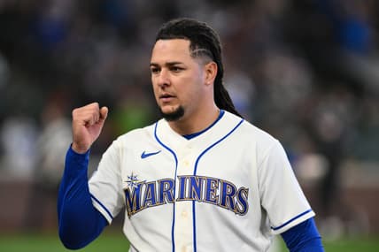 Apr 16, 2023; Seattle, Washington, USA; Seattle Mariners starting pitcher Luis Castillo (58) celebrates after the final out of the seventh inning against the Colorado Rockies at T-Mobile Park. Mandatory Credit: Steven Bisig-USA TODAY Sports
