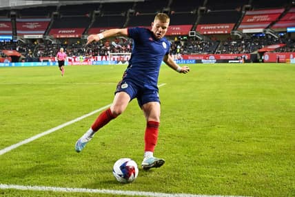 Apr 8, 2023; Chicago, Illinois, USA;  Chicago Fire FC forward Chris Mueller (8) controls the ball against Minnesota United at Soldier Field. Mandatory Credit: Jamie Sabau-USA TODAY Sports