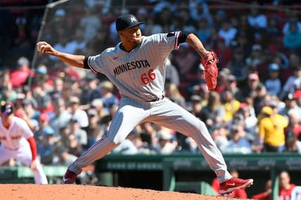 Apr 20, 2023; Boston, Massachusetts, USA; Minnesota Twins relief pitcher Jorge Alcala (66) throws against the Boston Red Sox during the fifth inning at Fenway Park. Mandatory Credit: Eric Canha-USA TODAY Sports