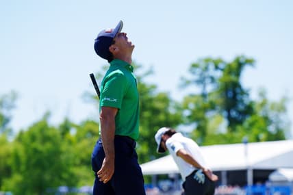 Apr 22, 2023; Avondale, Louisiana, USA; Billy Horschel reacts to missing a putt on the 18th green during the third round of the Zurich Classic of New Orleans golf tournament. Mandatory Credit: Andrew Wevers-USA TODAY Sports