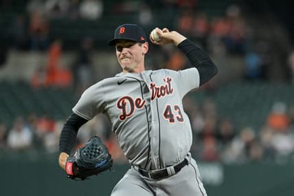 Apr 22, 2023; Baltimore, Maryland, USA;  Detroit Tigers starting pitcher Joey Wentz (43) throws a first inning pitch against the Baltimore Orioles at Oriole Park at Camden Yards. Mandatory Credit: Tommy Gilligan-USA TODAY Sports
