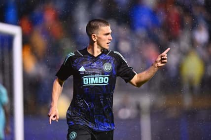 Apr 22, 2023; Philadelphia, Pennsylvania, USA; Philadelphia Union forward Mikael Uhre (7) celebrates his hat trick goal against Toronto FC during second half at Subaru Park. Mandatory Credit: Kyle Ross-USA TODAY Sports
