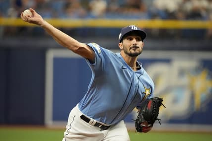 Apr 23, 2023; St. Petersburg, Florida, USA; Tampa Bay Rays starting pitcher Zach Eflin (24) throws in the first inning against the Chicago White Sox at Tropicana Field. Mandatory Credit: Dave Nelson-USA TODAY Sports