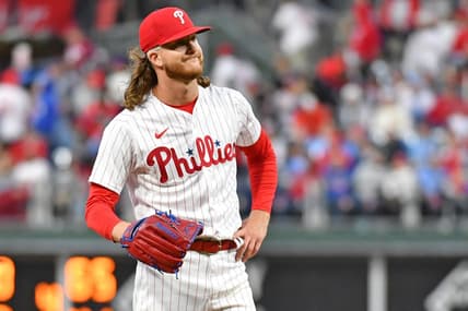 Apr 25, 2023; Philadelphia, Pennsylvania, USA; Philadelphia Phillies starting pitcher Bailey Falter (70) reacts after allowing a home run against the Seattle Mariners during the fifth inning at Citizens Bank Park. Mandatory Credit: Eric Hartline-USA TODAY Sports