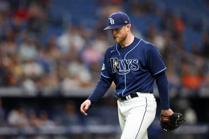 Apr 25, 2023; St. Petersburg, Florida, USA;  Tampa Bay Rays starting pitcher Drew Rasmussen (57) leaves the game against the Houston Astros in the fifth inning at Tropicana Field. Mandatory Credit: Nathan Ray Seebeck-USA TODAY Sports