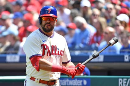 Apr 23, 2023; Philadelphia, Pennsylvania, USA;  Philadelphia Phillies left fielder Kyle Schwarber (12) on deck against the Colorado Rockies at Citizens Bank Park. Mandatory Credit: Eric Hartline-USA TODAY Sports