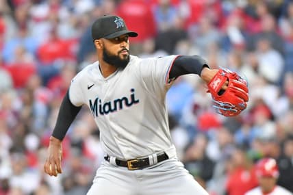 Apr 10, 2023; Philadelphia, Pennsylvania, USA; Miami Marlins starting pitcher Sandy Alcantara (22) throws a pitch against the Philadelphia Phillies at Citizens Bank Park. Mandatory Credit: Eric Hartline-USA TODAY Sports