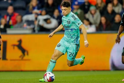 Apr 22, 2023; Cincinnati, Ohio, USA; Portland Timbers midfielder David Ayala (24) dribbles against FC Cincinnati in the first half at TQL Stadium. Mandatory Credit: Katie Stratman-USA TODAY Sports