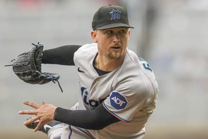 Apr 27, 2023; Cumberland, Georgia, USA; Miami Marlins starting pitcher Braxton Garrett (29) pitches against the Atlanta Braves during the first inning at Truist Park. Mandatory Credit: Dale Zanine-USA TODAY Sports