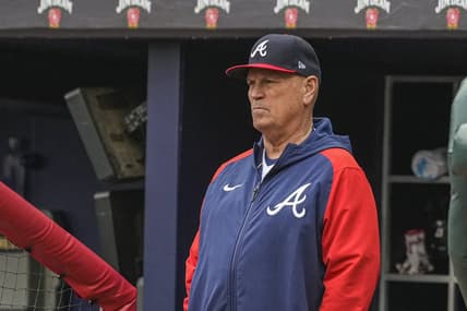 Apr 27, 2023; Cumberland, Georgia, USA; Atlanta Braves manager Brian Snitker (43) in the dugout during the game against the Miami Marlins during the first inning at Truist Park. Mandatory Credit: Dale Zanine-USA TODAY Sports