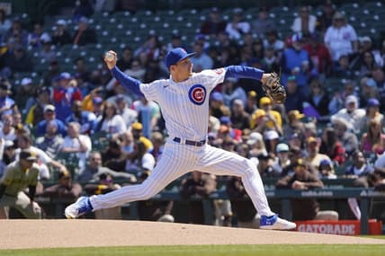 Apr 27, 2023; Chicago, Illinois, USA; Chicago Cubs starting pitcher Hayden Wesneski (19) throws against the San Diego Padres during the first inning at Wrigley Field. Mandatory Credit: David Banks-USA TODAY Sports
