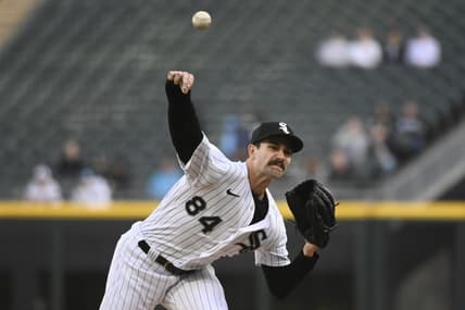 Apr 27, 2023; Chicago, Illinois, USA; Chicago White Sox starting pitcher Dylan Cease (84) delivers against the Tampa Bay Rays during the first inning at Guaranteed Rate Field. Mandatory Credit: Matt Marton-USA TODAY Sports