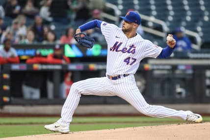 Apr 27, 2023; New York City, New York, USA;  New York Mets starting pitcher Joey Lucchesi (47) pitches in the first inning against the Washington Nationals at Citi Field. Mandatory Credit: Wendell Cruz-USA TODAY Sports