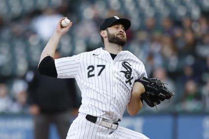 Apr 28, 2023; Chicago, Illinois, USA; Chicago White Sox starting pitcher Lucas Giolito (27) delivers against the Tampa Bay Rays during the first inning at Guaranteed Rate Field. Mandatory Credit: Kamil Krzaczynski-USA TODAY Sports