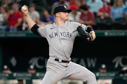 Apr 28, 2023; Arlington, Texas, USA; New York Yankees starting pitcher Clarke Schmidt (36) throws to the plate  against the Texas Rangers during the first inning at Globe Life Field. Mandatory Credit: Raymond Carlin III-USA TODAY Sports
