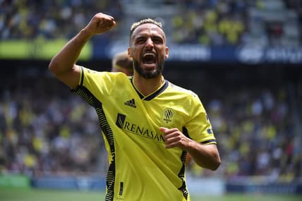 Apr 29, 2023; Nashville, TN, USA; Nashville SC midfielder Hany Mukhtar (10) celebrates after assisting on a goal by Nashville SC midfielder Fafa Picault (not pictured) against the Atlanta United in the first half of a MLS game at Geodis Park. Mandatory Credit: Christopher Hanewinckel-USA TODAY Sports
