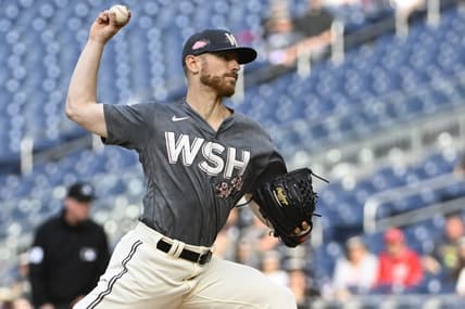 Apr 29, 2023; Washington, District of Columbia, USA; Washington Nationals starting pitcher Chad Kuhl (26) throws to the Pittsburgh Pirates during the first inning at Nationals Park. Mandatory Credit: Brad Mills-USA TODAY Sports