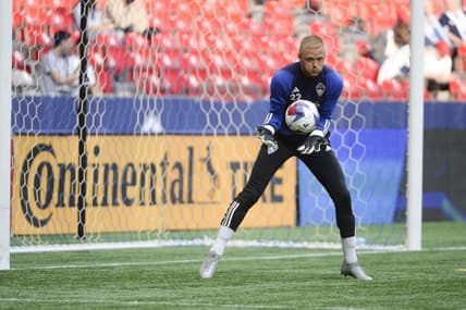 Apr 29, 2023; Vancouver, British Columbia, CAN;  Colorado Rapids goalkeeper William Yarbrough (22) warms up prior the the match against the Vancouver Whitecaps FC at BC Place. Mandatory Credit: Anne-Marie Sorvin-USA TODAY Sports