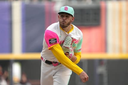 Apr 29, 2023; Mexico City, Mexico; San Diego Padres starting pitcher Joe Musgrove (44) throws against the San Francisco Giants in the third inning during a MLB World Tour game at Estadio Alfredo Harp Helu. Mandatory Credit: Kirby Lee-USA TODAY Sports