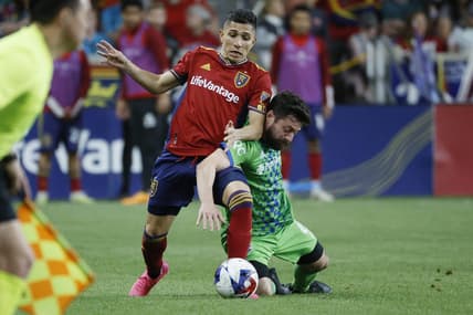 Apr 29, 2023; Sandy, Utah, USA; Real Salt Lake forward Jefferson Savarino (10) and Seattle Sounders midfielder Joao Paulo (6) battle in the second half at America First Field. Mandatory Credit: Jeffrey Swinger-USA TODAY Sports
