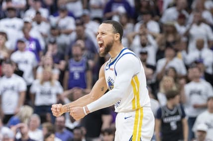 April 30, 2023; Sacramento, California, USA; Golden State Warriors guard Stephen Curry (30) celebrates against the Sacramento Kings during the third quarter in game seven of the 2023 NBA playoffs first round at Golden 1 Center. Mandatory Credit: Kyle Terada-USA TODAY Sports