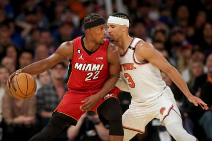 Apr 30, 2023; New York, New York, USA; Miami Heat forward Jimmy Butler (22) controls the ball against New York Knicks guard Josh Hart (3) during the third quarter of game one of the 2023 NBA Eastern Conference semifinal playoffs at Madison Square Garden. Mandatory Credit: Brad Penner-USA TODAY Sports