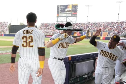 Apr 30, 2023; Mexico City, Mexico; San Diego Padres catcher Austin Nola (26) is given a sombrero by designated hitter Nelson Cruz (32) after hitting a two-run home run in the fifth inning against the San Francisco Giants during a MLB World Tour game at Estadio Alfredo Harp Helu. Mandatory Credit: Kirby Lee-USA TODAY Sports