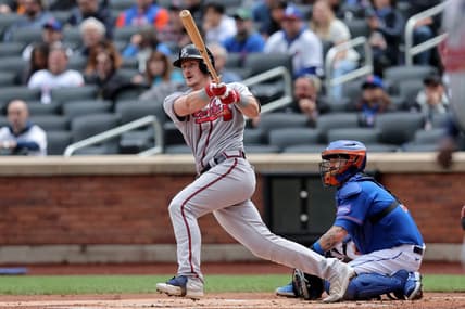 May 1, 2023; New York City, New York, USA; Atlanta Braves catcher Sean Murphy (12) follows through on a three run home run against the New York Mets during the first inning at Citi Field. Mandatory Credit: Brad Penner-USA TODAY Sports