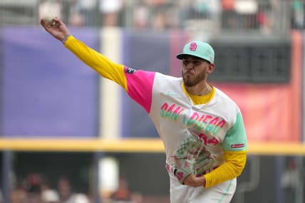 Apr 29, 2023; Mexico City, Mexico; San Diego Padres starting pitcher Joe Musgrove (44) throws in the third inning against the San Francisco Giants during a MLB World Tour game at Estadio Alfredo Harp Helu. Mandatory Credit: Kirby Lee-USA TODAY Sports