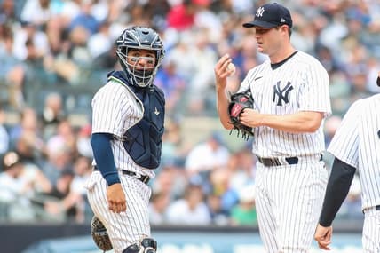 Apr 22, 2023; Bronx, New York, USA;  New York Yankees catcher Jose Trevino (39) and pitcher Gerrit Cole (45) at Yankee Stadium. Mandatory Credit: Wendell Cruz-USA TODAY Sports
