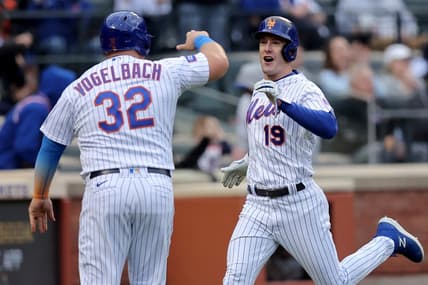 May 1, 2023; New York City, New York, USA; New York Mets left fielder Mark Canha (19) and designated hitter Daniel Vogelbach (32) react after scoring against the Atlanta Braves on a double by catcher Francisco Alvarez (not pictured) during the sixth inning at Citi Field. Mandatory Credit: Brad Penner-USA TODAY Sports