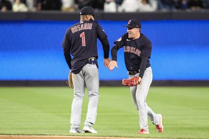 May 1, 2023; Bronx, New York, USA;  Cleveland Guardians shortstop Amed Rosario (1) and center fielder Myles Straw (7) celebrate after defeating the New York Yankees 3-2 at Yankee Stadium. Mandatory Credit: Wendell Cruz-USA TODAY Sports