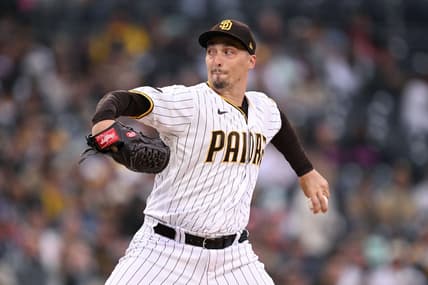 May 1, 2023; San Diego, California, USA; San Diego Padres starting pitcher Blake Snell (4) throws a pitch against the Cincinnati Reds during the first inning at Petco Park. Mandatory Credit: Orlando Ramirez-USA TODAY Sports