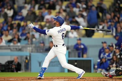 May 1, 2023; Los Angeles, California, USA; Los Angeles Dodgers left fielder David Peralta (6) hits a home run in the second inning against the Philadelphia Phillies at Dodger Stadium. Mandatory Credit: Kirby Lee-USA TODAY Sports