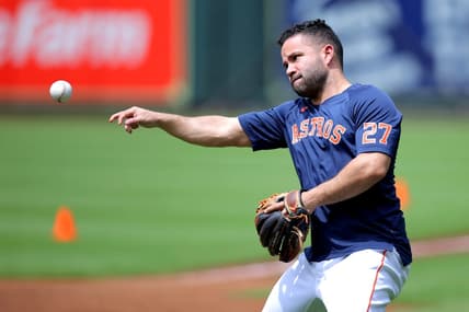 May 2, 2023; Houston, Texas, USA; Houston Astros second baseman Jose Altuve (27) works out prior to the game against the San Francisco Giants at Minute Maid Park. Mandatory Credit: Erik Williams-USA TODAY Sports