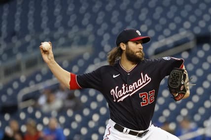 May 2, 2023; Washington, District of Columbia, USA; Washington Nationals starting pitcher Trevor Williams (32) pitches against the Chicago Cubs during the third inning at Nationals Park. Mandatory Credit: Geoff Burke-USA TODAY Sports