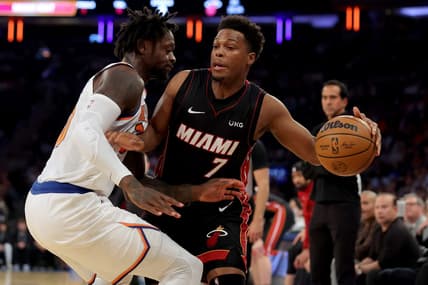 May 2, 2023; New York, New York, USA; Miami Heat guard Kyle Lowry (7) controls the ball against New York Knicks forward Julius Randle (30) during the first quarter of game two of the 2023 NBA Eastern Conference semifinal playoffs at Madison Square Garden. Mandatory Credit: Brad Penner-USA TODAY Sports