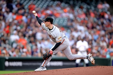 May 2, 2023; Houston, Texas, USA; San Francisco Giants starting pitcher Anthony DeSclafani (26) delivers a pitch against the Houston Astros during the first inning at Minute Maid Park. Mandatory Credit: Erik Williams-USA TODAY Sports
