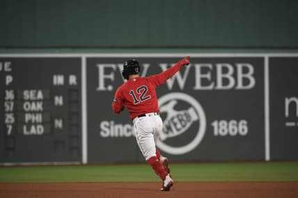 May 2, 2023; Boston, Massachusetts, USA;  Boston Red Sox catcher Connor Wong (12) reacts rounding the bases after hitting a home run during the eighth inning against the Toronto Blue Jays at Fenway Park. Mandatory Credit: Bob DeChiara-USA TODAY Sports