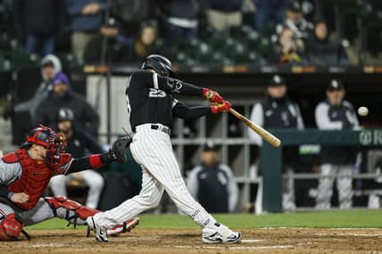 May 2, 2023; Chicago, Illinois, USA; Chicago White Sox left fielder Andrew Benintendi (23) hits a walk-off single against the Minnesota Twins during the 10th inning at Guaranteed Rate Field. Mandatory Credit: Kamil Krzaczynski-USA TODAY Sports