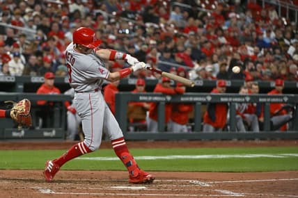 May 2, 2023; St. Louis, Missouri, USA;  Los Angeles Angels shortstop Zach Neto (9) hits a one run single against the St. Louis Cardinals during the sixth inning at Busch Stadium. Mandatory Credit: Jeff Curry-USA TODAY Sports