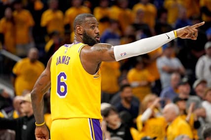 May 2, 2023; San Francisco, California, USA; Los Angeles Lakers forward LeBron James (6) directs teammates before an inbounds pass against the Golden State Warriors in the fourth quarter during game one of the 2023 NBA playoffs at the Chase Center. Mandatory Credit: Cary Edmondson-USA TODAY Sports
