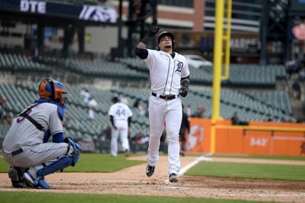 May 3, 2023; Detroit, Michigan, USA; Detroit Tigers shortstop Javier Baez (28) celebrates after hitting a home run against the New York in the third inning at Comerica Park. Mandatory Credit: Lon Horwedel-USA TODAY Sports