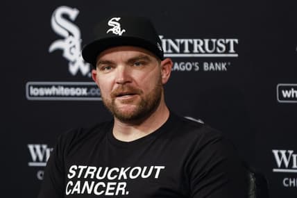 May 3, 2023; Chicago, Illinois, USA; Chicago White Sox pitcher Liam Hendriks talks about his recovery process from stage 4 non-Hodgkin lymphoma before a baseball game between the White Sox and Minnesota Twins at Guaranteed Rate Field. Mandatory Credit: Kamil Krzaczynski-USA TODAY Sports