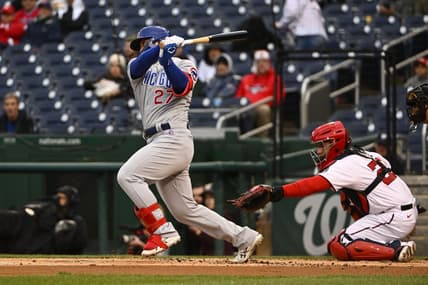 May 3, 2023; Washington, District of Columbia, USA; Chicago Cubs right fielder Seiya Suzuki (27) hits a RBI single against the Washington Nationals during the first inning at Nationals Park. Mandatory Credit: Brad Mills-USA TODAY Sports